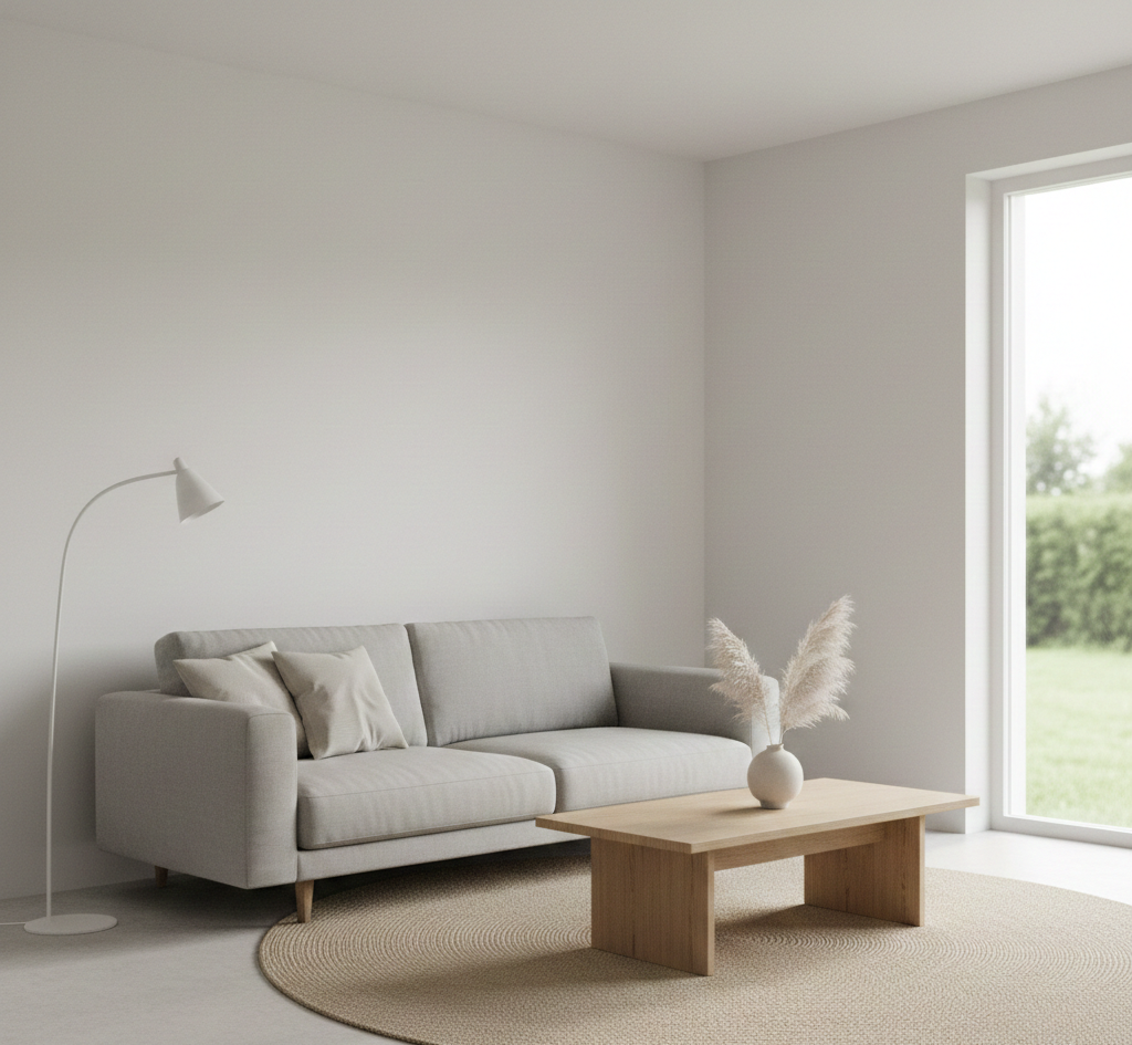 Rauhallinen minimalistinen olohuone valkoisilla seinillä ja yksinkertaisilla huonekaluilla